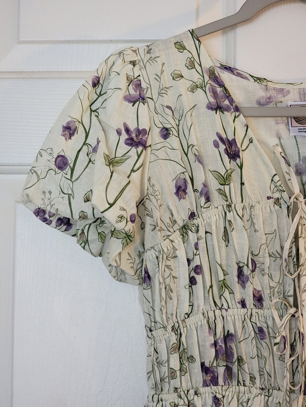 Linennaive Short Sleeve Linen Midi Floral Dress With Lace - Picture 6 of 10